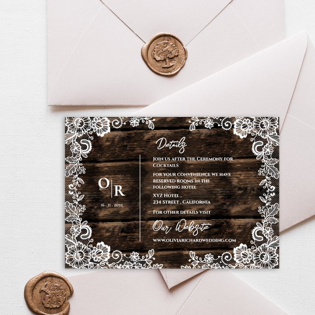 Informationen zu rustikalen Hochzeiten in Holz und Begleitkarte (Rustic Wood and White Lace Wedding Details Info Enclosure Card)