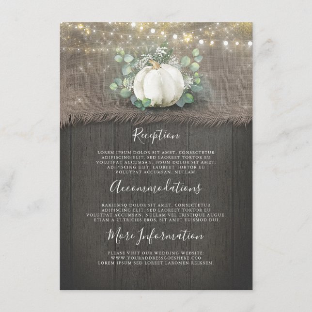 Informationen zu rustikalen weißen Kürbis-Hochzeit Begleitkarte (Vorderseite)