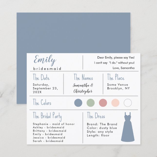Informationskarte für die farbige Dress Blue Bride (Vorne/Hinten)
