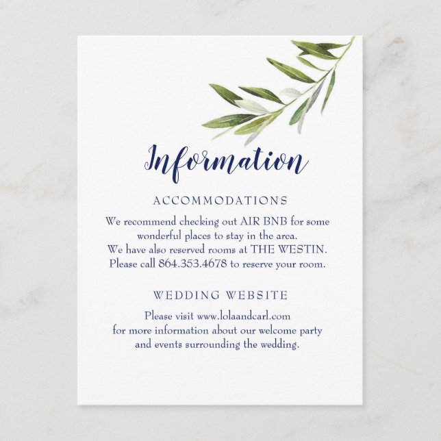 Informationskarte für Olivenzweige zur Hochzeit Begleitkarte (Vorderseite)