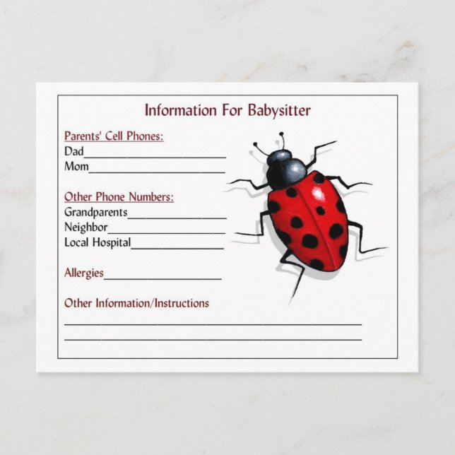 Informationskarten für Babysitter: Ladybug, Kinder Postkarte (Vorderseite)