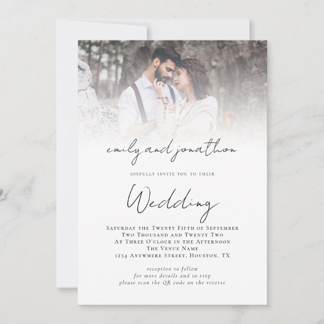Informelle Script QR Code Foto Overlay-Hochzeit Einladung (Vorderseite)