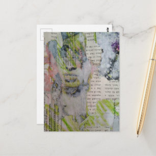 Infos zeigen abstrakte Wortcollage mit Gesicht Postkarte