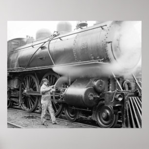 Ingenieur ölt Lokomotive, 1904. Altes Foto Poster
