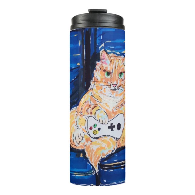 Ingwer-Gamer-Katze Thermosbecher (Vorderseite)