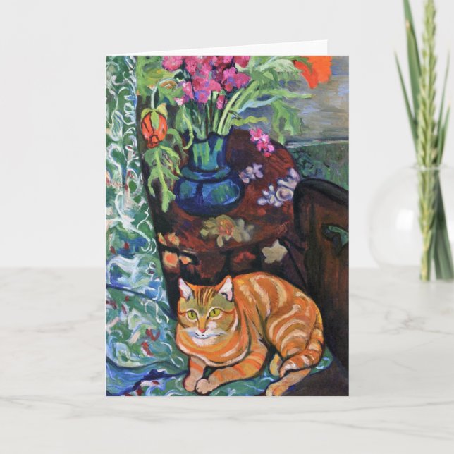 Ingwer-Katze und Blumenstrauß der Blumen durch Karte (Vorderseite)