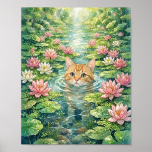 Ingwer-Tabby-Katze schaut aus Wasser mit rosa Seer Poster