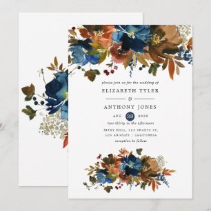 Ingwer- und Marineblaue Florale Hochzeit Einladung