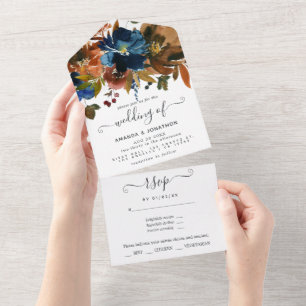 Ingwer- und Marineblumen-Hochzeit All In One Einladung