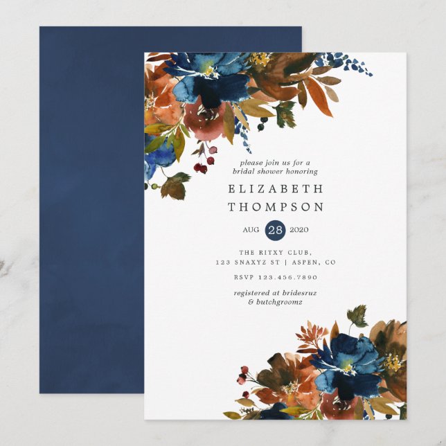 Ingwer- und Navy-Floral-Brautparty Einladung (Vorne/Hinten)