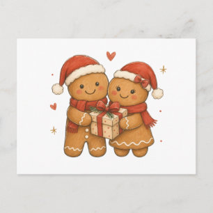 Ingwerbrot-Paar mit Geschenk und Weihnachtsmannmüt Postkarte