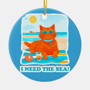 Ingwerkatze am Strand Ich brauche das Meer Sommer Keramik Ornament