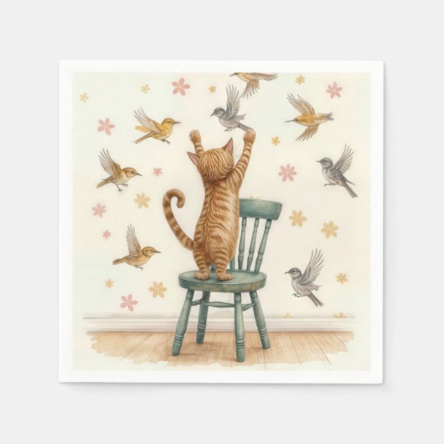 Ingwerkatze, die einen Vogel auf Papier fängt Serviette (Vorderseite)