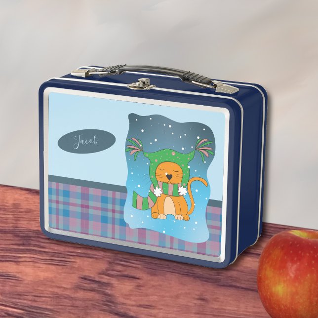 Ingwerkatze im Schnee Blaue Metall-Lunchbox Metall Brotdose (Cute ginger cat in the snow kid metal lunchbox with name . )