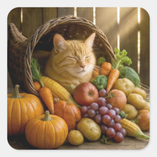 Ingwerkatze in einer Thanksgiving-Cornucopia Quadratischer Aufkleber