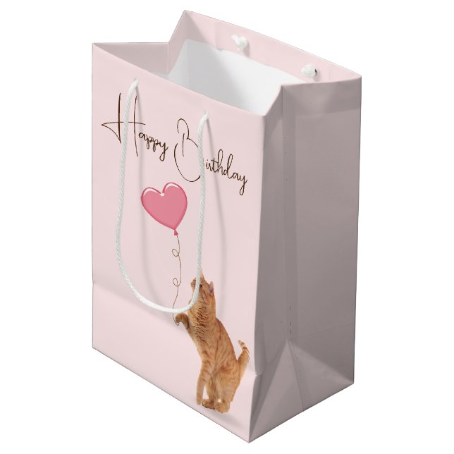 Ingwerkatze mit rosa Herzballon Mittlere Geschenktüte (Vorderseite Schrägansicht)