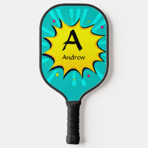 Initial ändern, Name hinzufügen, Pop Art Aqua Gelb Pickleball Schläger