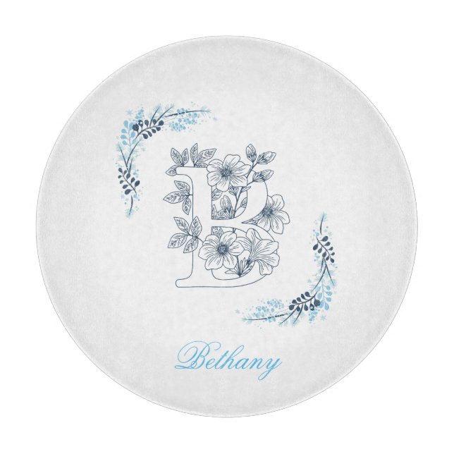 Initial "B" Blue Monogram Calm Floral Schneidebrett (Vorderseite)