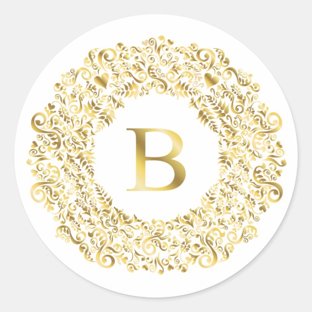 Initial B golden Damask Classic Muster Runder Aufkleber (Vorderseite)