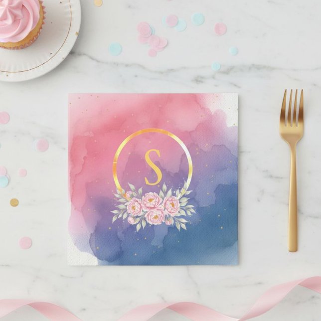Initial Birthday Napkins Pink Watercolor Ombre  Serviette (Von Creator hochgeladen)