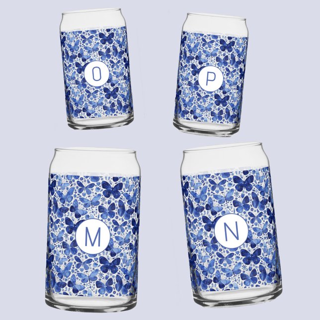 Initial Butterfly Watercolor Blue Monogram Dosenglas (Blue watercolor butterfly pattern personalized monogram initial glasses)