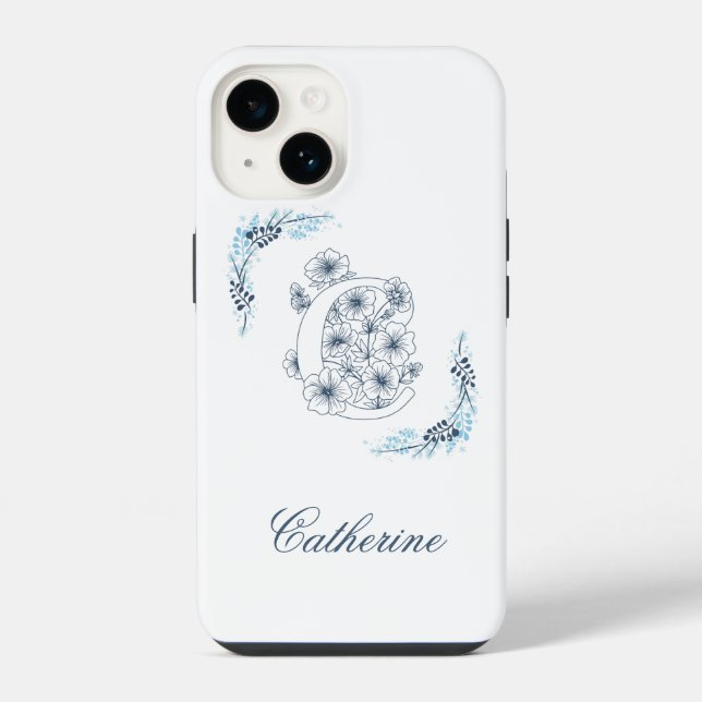 Initial "C" Blue Monogram Calm Floral iPhone 14 Hülle (Rückseite)
