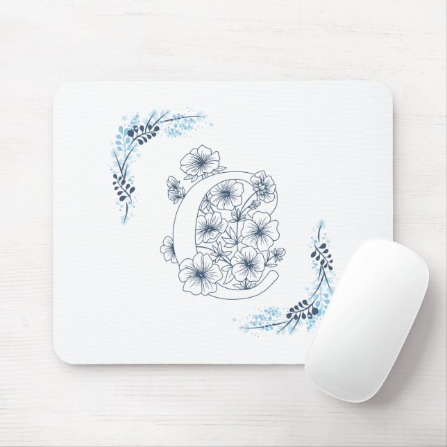 Initial "C" Blue Monogram Calm Floral Mousepad (Mit Mouse)