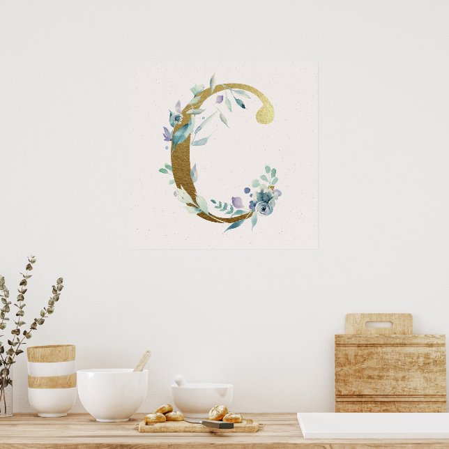 Initial C Golden and Blue Floral Monogram Poster (Küche)