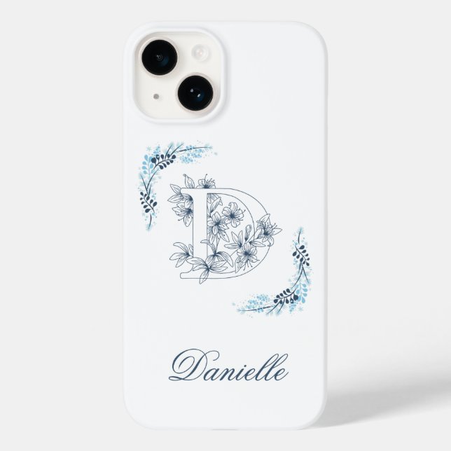 Initial "D" Blue Monogram Calm Floral Case-Mate iPhone 14 Hülle (Rückseite)