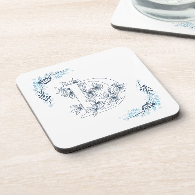 Initial "D" Blue Monogram Calm Floral Getränkeuntersetzer (Linke Seite)