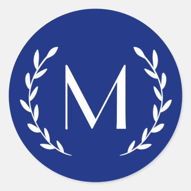 Initial der Custom White Navy Laurel Monogram Lett Runder Aufkleber (Vorderseite)