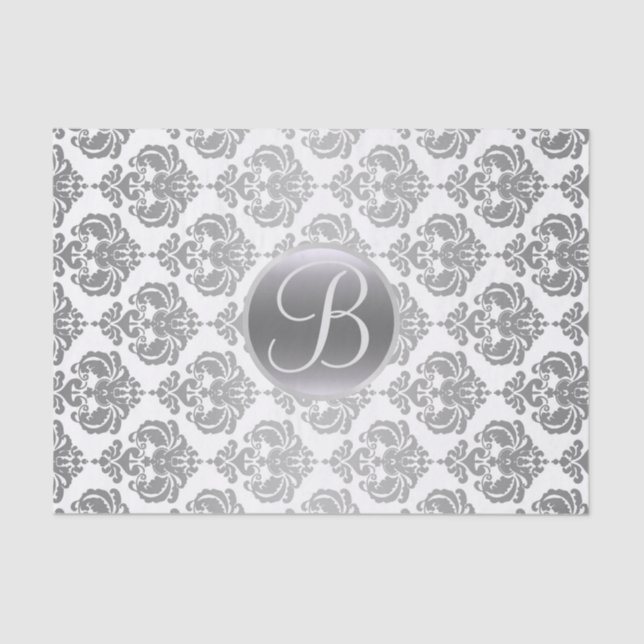 Initial der Silver White Glam Damask Monogram Lett Seidenpapier (Vorderseite)