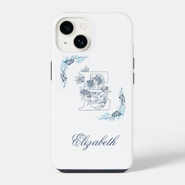 Initial "E" Blue Monogram Calm Floral iPhone 14 Hülle (Rückseite)