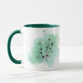 Initial F Aquarellmonogramm Grün Botanisch Tasse