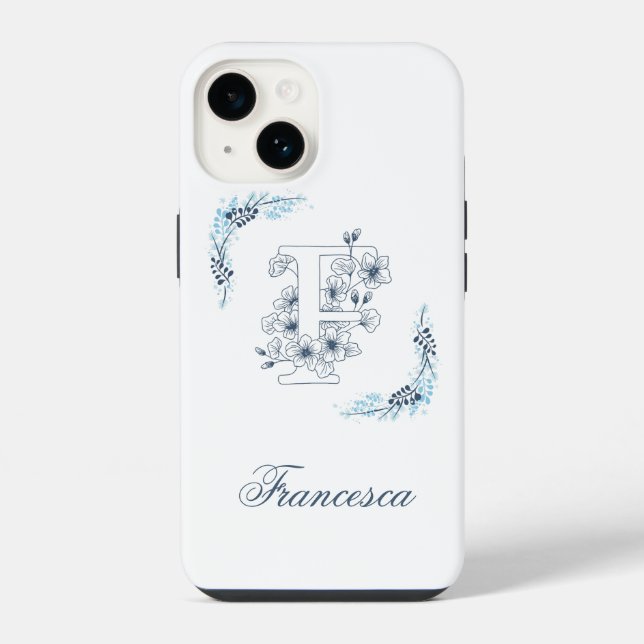 Initial "F" Blue Monogram Calm Floral iPhone 14 Hülle (Rückseite)