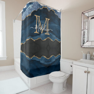 Initial für das Blue Gold Agate Monogram Name Scri Duschvorhang