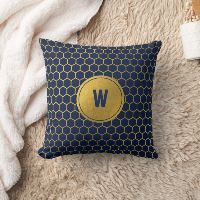 Initial für das Navy Blue & Gold Hexagon Muster Kissen (Decke)