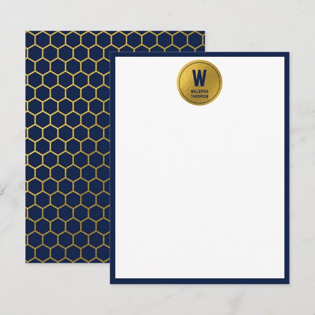 Initial für das Navy Blue & Gold Hexagon Muster Mitteilungskarte (Vorne/Hinten)