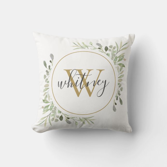 Initial für elegantes Script Greenery Monogram Kissen (Vorderseite)
