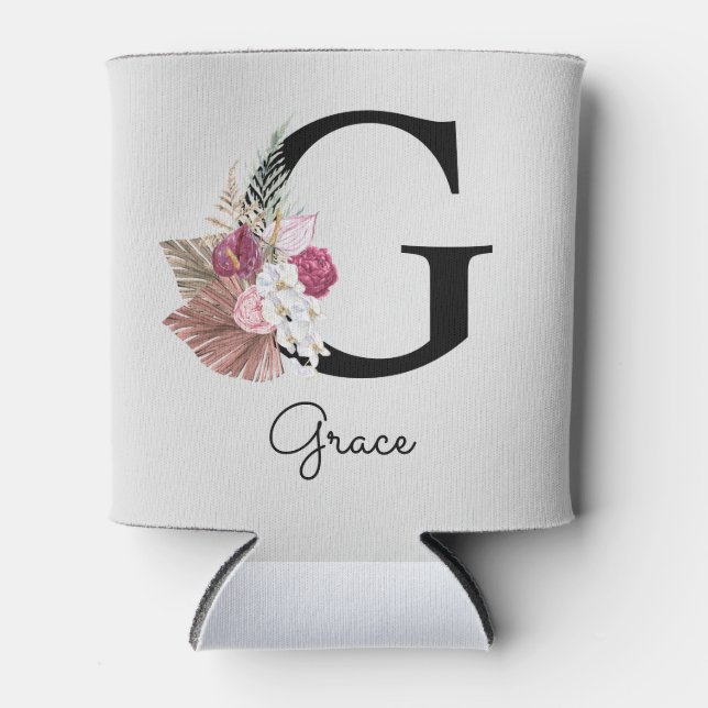 Initial G Mit Monogramm Pink Boho Floral Dosenkühler (Vorderseite)