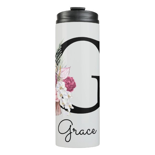 Initial G Mit Monogramm Pink Boho Floral Thermosbecher (Vorderseite)