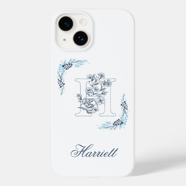 Initial "H" Blue Monogram Calm Floral Case-Mate iPhone 14 Hülle (Rückseite)