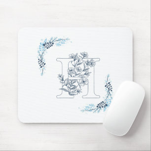 Initial "H" Blue Monogram Calm Floral Mousepad