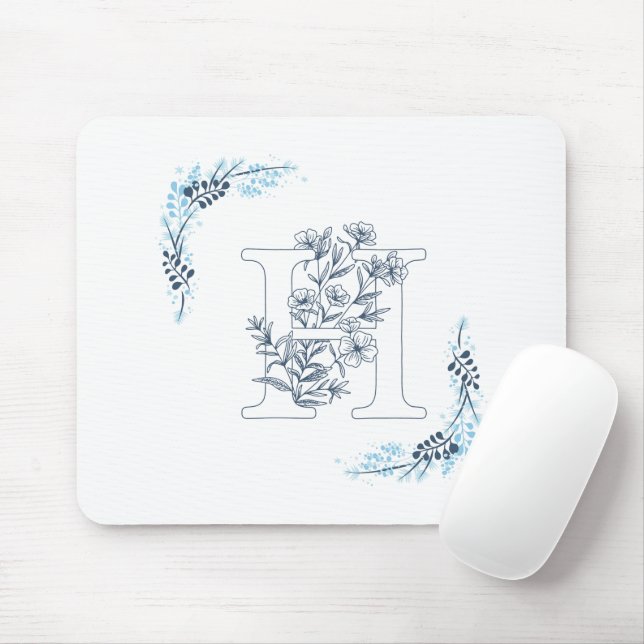 Initial "H" Blue Monogram Calm Floral Mousepad (Mit Mouse)