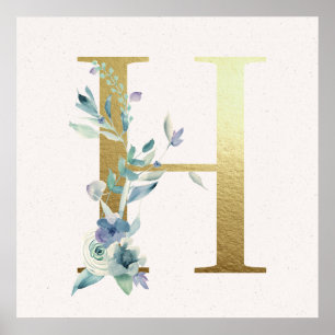 Initial H Golden and Blue Floral Monogram Poster
