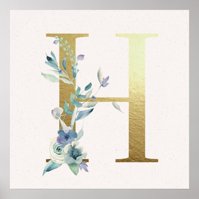 Initial H Golden and Blue Floral Monogram Poster (Vorne)
