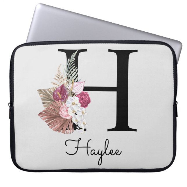 Initial H Mit Monogramm Pink Boho Floral Laptopschutzhülle (Vorderseite)