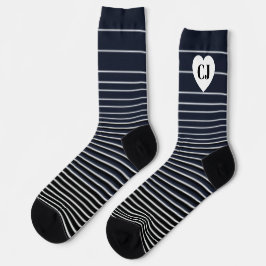 Initial Heart Stripe Crew Socks Blue White Socken