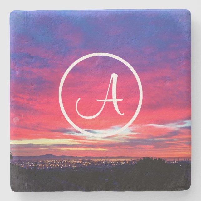 Initial Hot Pink Blue Sunset Foto für Monogram Steinuntersetzer (Vorderseite)
