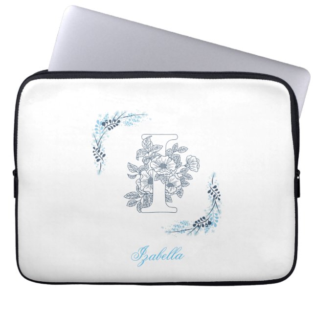 Initial "I" Blue Monogram Calm Floral Laptopschutzhülle (Vorderseite)